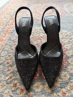 ZARA Black Crystal-Embellished Pointed Slingback Heels NWOT